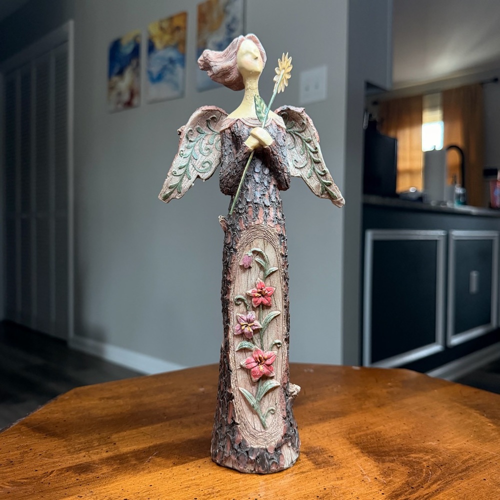 Ganz Rustic Angel Figurine  Floral Carvings Folk Art Bark Wood 10.75 In